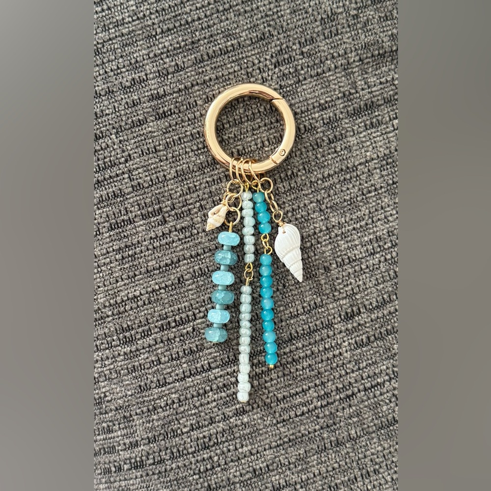 Gold and Blue Beaded Seashell Bag Charm Keychain